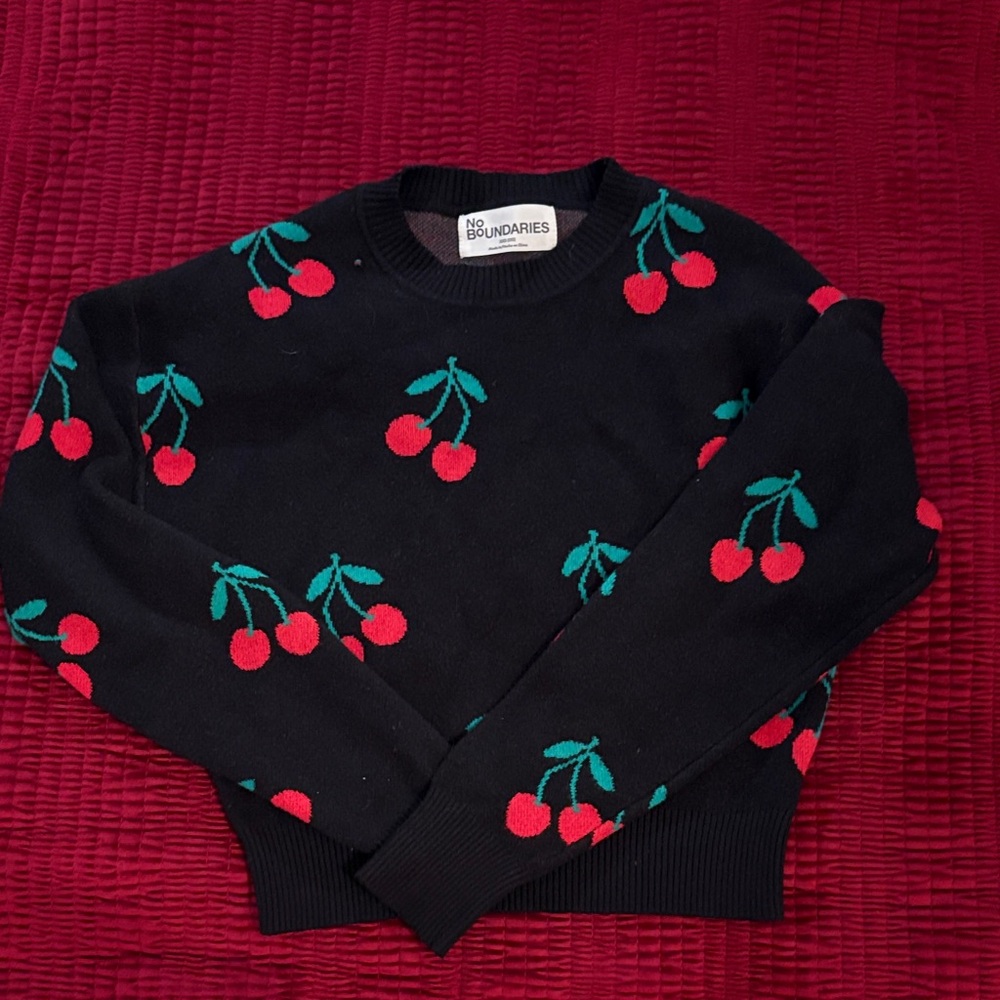 No Boundaries Black Sweater with Red Cherry Design